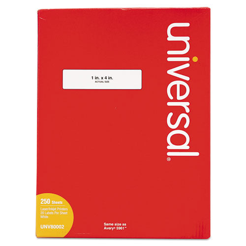 Image of Universal® White Labels, Inkjet/laser Printers, 1 X 4, White, 20/sheet, 250 Sheets/box