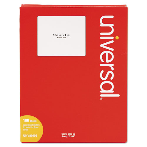 Image of Universal® White Labels, Inkjet/laser Printers, 3.33 X 4, White, 6/sheet, 100 Sheets/box