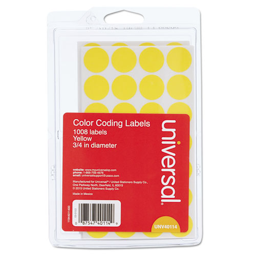 Image of Universal® Self-Adhesive Removable Color-Coding Labels, 0.75" dia, Yellow, 28/Sheet, 36 Sheets/Pack