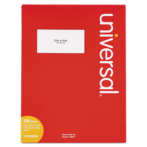 Image of Universal® White Labels, Inkjet/laser Printers, 2 X 4, White, 10/sheet, 250 Sheets/box