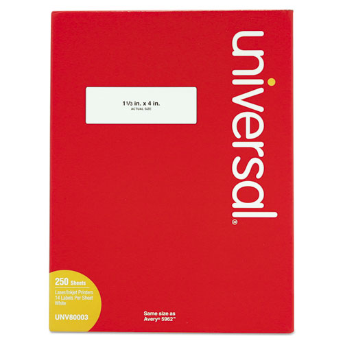 Image of Universal® White Labels, Inkjet/laser Printers, 1.33 X 4, White, 14/sheet, 250 Sheets/box