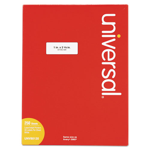 Image of Universal® White Labels, Inkjet/laser Printers, 1 X 2.63, White, 30/sheet, 250 Sheets/pack