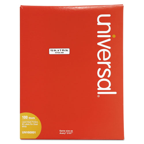 Image of Universal® White Labels, Inkjet/laser Printers, 0.5 X 1.75, White, 80/sheet, 100 Sheets/box