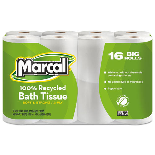 Image of Marcal® 100% Recycled 2-Ply Bath Tissue, Septic Safe, White, 168 Sheets/Roll, 96 Rolls/Carton