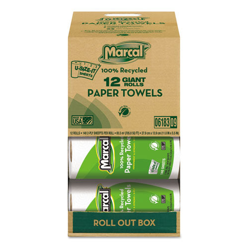Image of Marcal® 100% Premium Recycled Kitchen Roll Towels, Roll Out Box, 2-Ply, 11 x 5.5, White, 140 Sheets, 12 Rolls/Carton