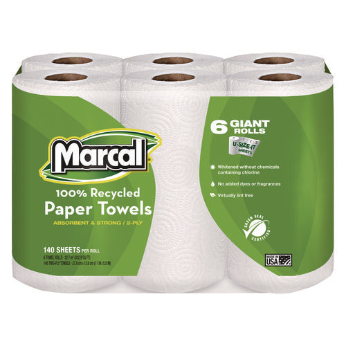 Image of Marcal® 100% Premium Recycled Kitchen Roll Towels, 2-Ply, 11 x 5.5, White, 140/Roll, 24 Rolls/Carton