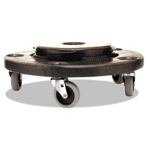Image of Rubbermaid® Commercial Brute Round Twist On/Off Dolly, 250 lb Capacity, 18" dia x 6.63"h, Fits 20 to 55 Gallon BRUTE Containers, Black
