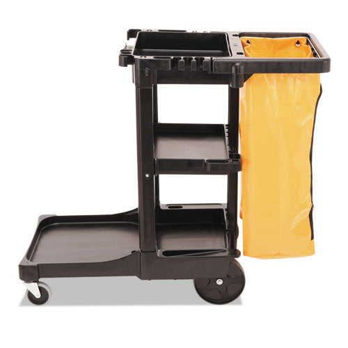Image of Rubbermaid® Commercial Multi-Shelf Cleaning Cart, Plastic, 4 Shelves, 1 Bin, 20" x 45" x 38.25", Black