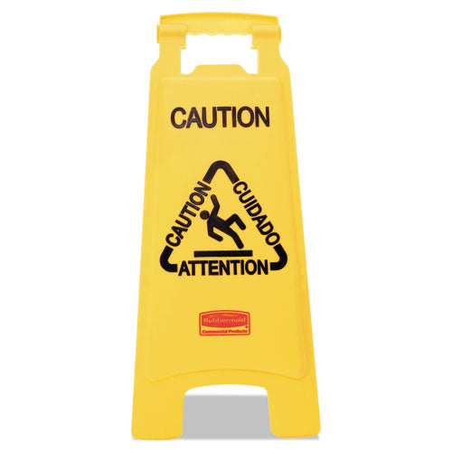 Image of Rubbermaid® Commercial Multilingual "Caution" Floor Sign, 11 x 12 x 25, Bright Yellow
