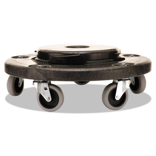 Image of Rubbermaid® Commercial Brute Round Twist On/Off Dolly, 250 lb Capacity, 18" dia x 6.63"h, Fits 20 to 55 Gallon BRUTE Containers, Black