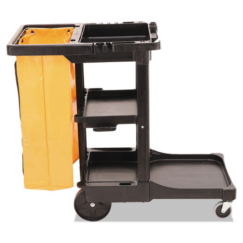 Image of Rubbermaid® Commercial Multi-Shelf Cleaning Cart, Plastic, 4 Shelves, 1 Bin, 20" x 45" x 38.25", Black