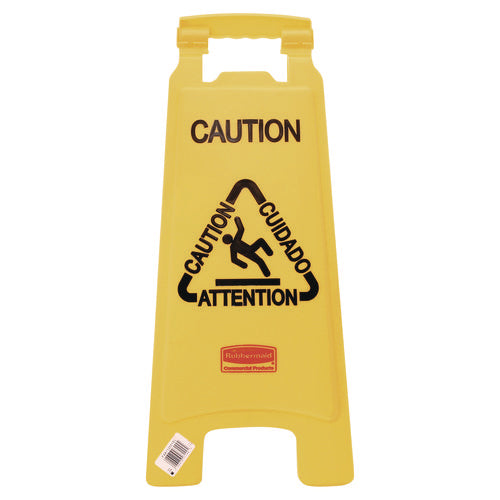 Image of Rubbermaid® Commercial Multilingual "Caution" Floor Sign, 11 x 12 x 25, Bright Yellow