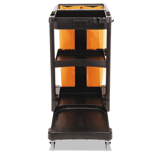 Image of Rubbermaid® Commercial Multi-Shelf Cleaning Cart, Plastic, 4 Shelves, 1 Bin, 20" x 45" x 38.25", Black