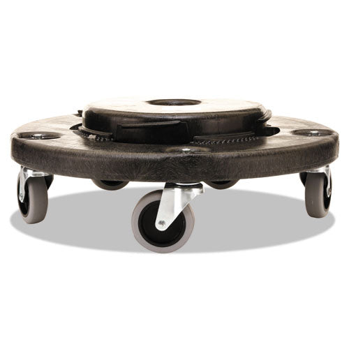 Image of Rubbermaid® Commercial Brute Round Twist On/Off Dolly, 250 lb Capacity, 18" dia x 6.63"h, Fits 20 to 55 Gallon BRUTE Containers, Black