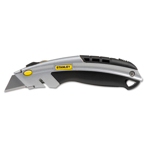 Image of Stanley® Curved Quick-Change Utility Knife, Stainless Steel Retractable Blade, 3 Blades, 6.5" Metal Handle, Black/Chrome