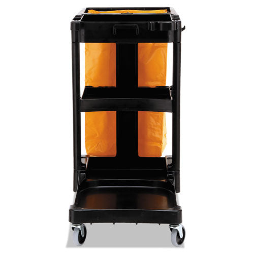 Image of Rubbermaid® Commercial Multi-Shelf Cleaning Cart, Plastic, 4 Shelves, 1 Bin, 20" x 45" x 38.25", Black