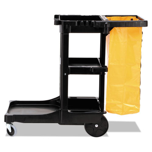 Image of Rubbermaid® Commercial Multi-Shelf Cleaning Cart, Plastic, 4 Shelves, 1 Bin, 20" x 45" x 38.25", Black