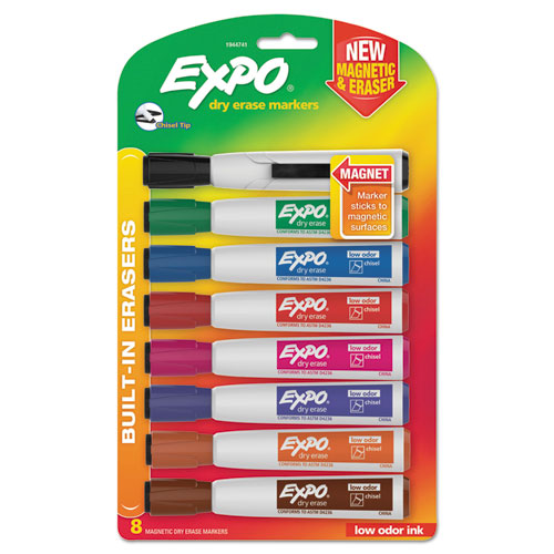 Image of EXPO® Magnetic Dry Erase Marker, Broad Chisel Tip, Assorted Colors, 8/pack