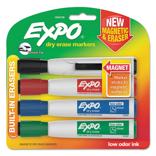 Image of EXPO® Magnetic Dry Erase Marker, Broad Chisel Tip, Assorted Colors, 4/pack