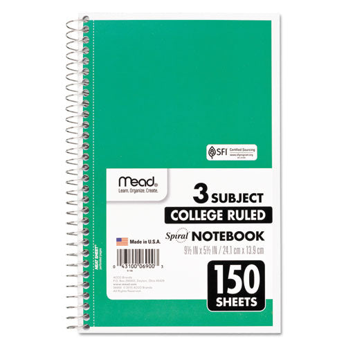 Image of Mead® Spiral Notebook, 3-Subject, Medium/College Rule, Randomly Assorted Cover Color, (150) 9.5 x 5.5 Sheets