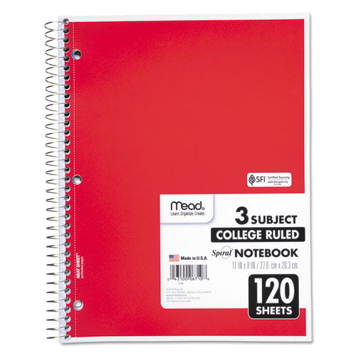 Image of Mead® Spiral Notebook, 3-Subject, Medium/College Rule, Randomly Assorted Cover Color, (120) 11 x 8 Sheets