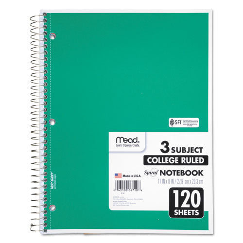 Image of Mead® Spiral Notebook, 3-Subject, Medium/College Rule, Randomly Assorted Cover Color, (120) 11 x 8 Sheets