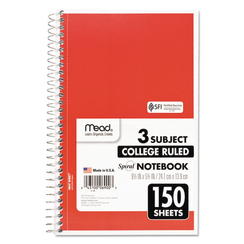 Image of Mead® Spiral Notebook, 3-Subject, Medium/College Rule, Randomly Assorted Cover Color, (150) 9.5 x 5.5 Sheets
