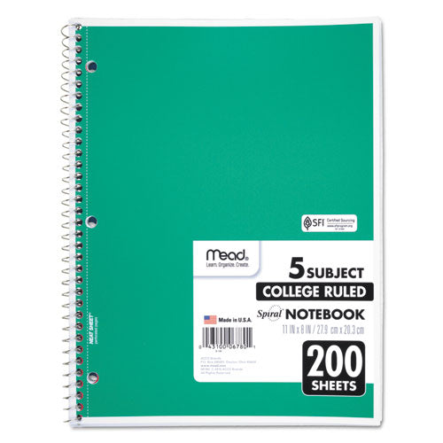 Image of Mead® Spiral Notebook, 5-Subject, Medium/College Rule, Randomly Assorted Cover Color, (200) 11 x 8 Sheets