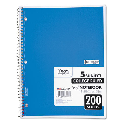 Image of Mead® Spiral Notebook, 5-Subject, Medium/College Rule, Randomly Assorted Cover Color, (200) 11 x 8 Sheets