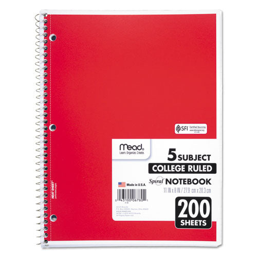 Image of Mead® Spiral Notebook, 5-Subject, Medium/College Rule, Randomly Assorted Cover Color, (200) 11 x 8 Sheets