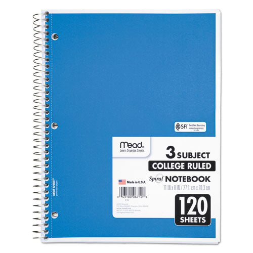 Image of Mead® Spiral Notebook, 3-Subject, Medium/College Rule, Randomly Assorted Cover Color, (120) 11 x 8 Sheets