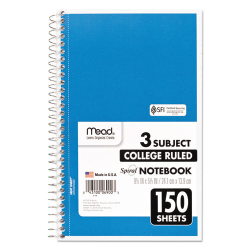 Image of Mead® Spiral Notebook, 3-Subject, Medium/College Rule, Randomly Assorted Cover Color, (150) 9.5 x 5.5 Sheets