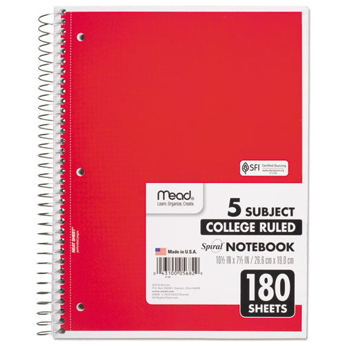 Image of Mead® Spiral Notebook, 5-Subject, Medium/College Rule, Randomly Assorted Cover Color, (180) 10.5 x 8 Sheets
