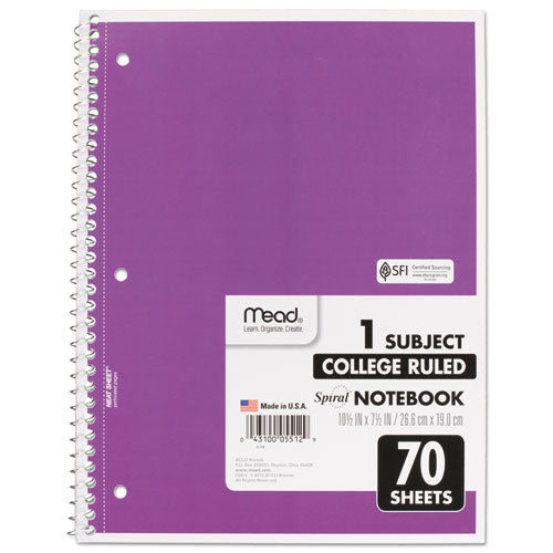 Image of Mead® Spiral Notebook, 1-Subject, Medium/College Rule, Randomly Assorted Cover Color, (70) 10.5 x 7.5 Sheets