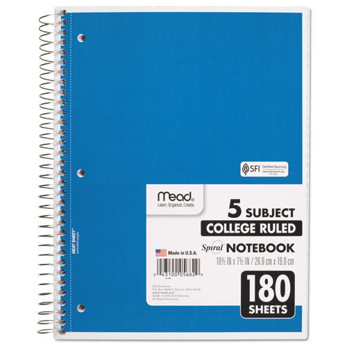Image of Mead® Spiral Notebook, 5-Subject, Medium/College Rule, Randomly Assorted Cover Color, (180) 10.5 x 8 Sheets