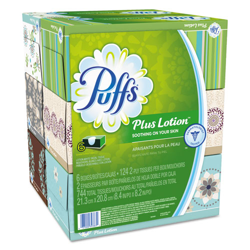 Image of Puffs® Plus Lotion Facial Tissue, 2-Ply, White, 124 Sheets/box, 6 Boxes/pack, 4 Packs/carton