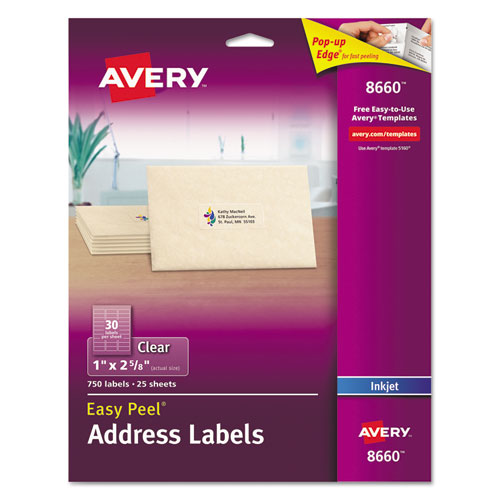 Image of Avery® Matte Clear Easy Peel Mailing Labels W/ Sure Feed Technology, Inkjet Printers, 1 X 2.63, Clear, 30/sheet, 25 Sheets/pack