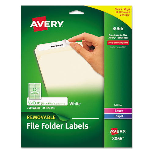 Image of Avery® Removable File Folder Labels With Sure Feed Technology, 0.66 X 3.44, White, 30/sheet, 25 Sheets/pack