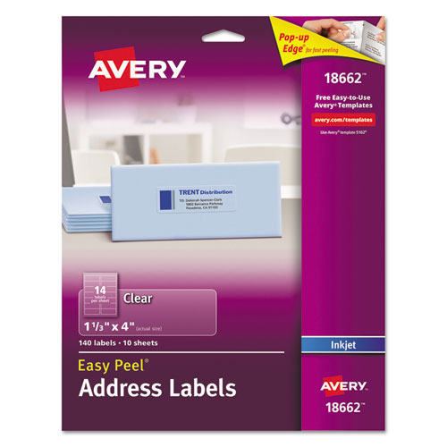 Image of Avery® Matte Clear Easy Peel Mailing Labels W/ Sure Feed Technology, Inkjet Printers, 1.33 X 4, Clear, 14/sheet, 10 Sheets/pack