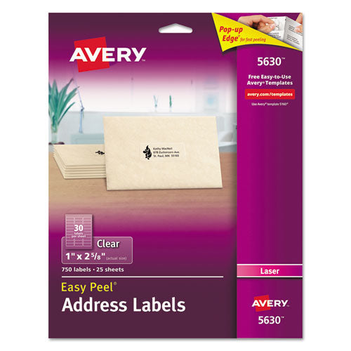 Image of Avery® Matte Clear Easy Peel Mailing Labels W/ Sure Feed Technology, Laser Printers, 1 X 2.63, Clear, 30/sheet, 25 Sheets/box
