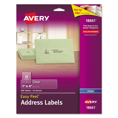 Image of Avery® Matte Clear Easy Peel Mailing Labels W/ Sure Feed Technology, Inkjet Printers, 1 X 4, Clear, 20/sheet, 10 Sheets/pack