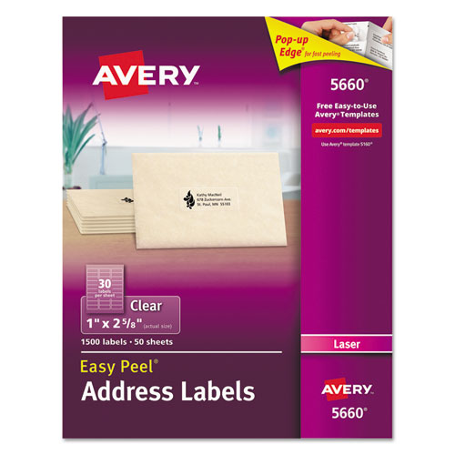 Image of Avery® Matte Clear Easy Peel Mailing Labels W/ Sure Feed Technology, Laser Printers, 1 X 2.63, Clear, 30/sheet, 50 Sheets/box
