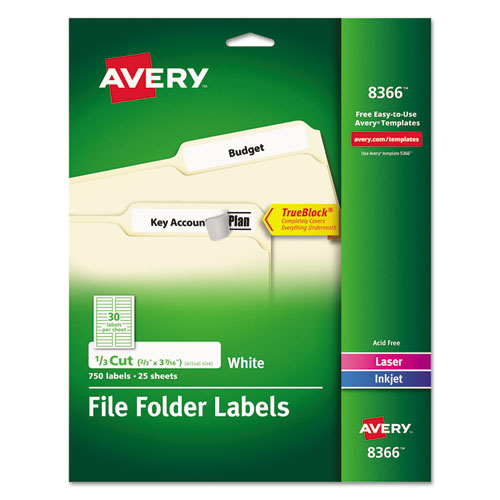 Image of Avery® Permanent Trueblock File Folder Labels With Sure Feed Technology, 0.66 X 3.44, White, 30/sheet, 25 Sheets/pack