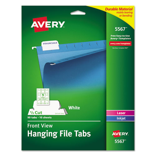 Image of Avery® Laser Printable Hanging File Tabs, 1/5-Cut, White, 2.06" Wide, 90/Pack