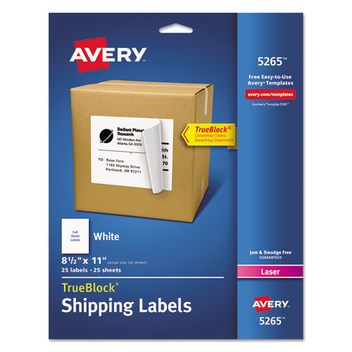 Image of Avery® Shipping Labels With Trueblock Technology, Laser Printers, 8.5 X 11, White, 25/pack