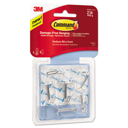 Image of Command Clear Hooks and Strips, Medium, Plastic, 2 lb Capacity, 6 Hooks and 8 Strips/Pack