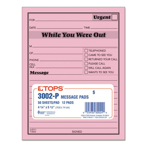 Image of TOPS Pink Message Pad, One-Part (No Copies), 4.25 x 5.5, 50 Forms/Pad, 12 Pads/Pack