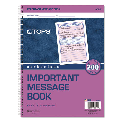Image of TOPS Telephone Message Book with Fax/Mobile Section, Two-Part Carbonless, 3.88 x 5.5, 4 Forms/Sheet, 200 Forms Total
