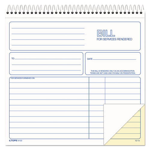 Image of TOPS Bill for Services Rendered Book, Two-Part Carbonless, 8.5 x 7.75, 50 Forms Total