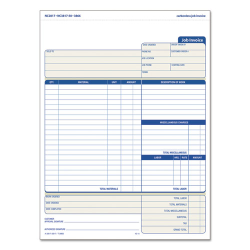 Image of TOPS Job Invoice, Snap-Off Triplicate Form, Three-Part Carbonless, 8.5 x 11.63, 50 Forms Total